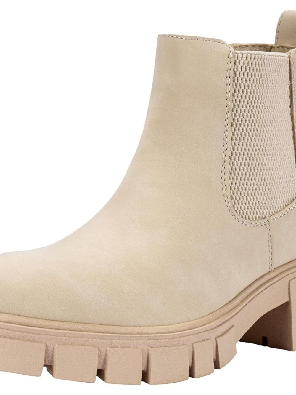 Women's Beige Platform Lug Sole Elastic Slip On Imported Chelsea Ankle Boots